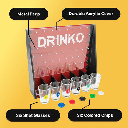 Fairly Odd Novelties DRINKO Drinking Game - Social Shot Glass Party Fun for Groups & Couples - Multicolor, Glass Shots, Durable Board with Metal Pegs - The Ultimate Party Starter!