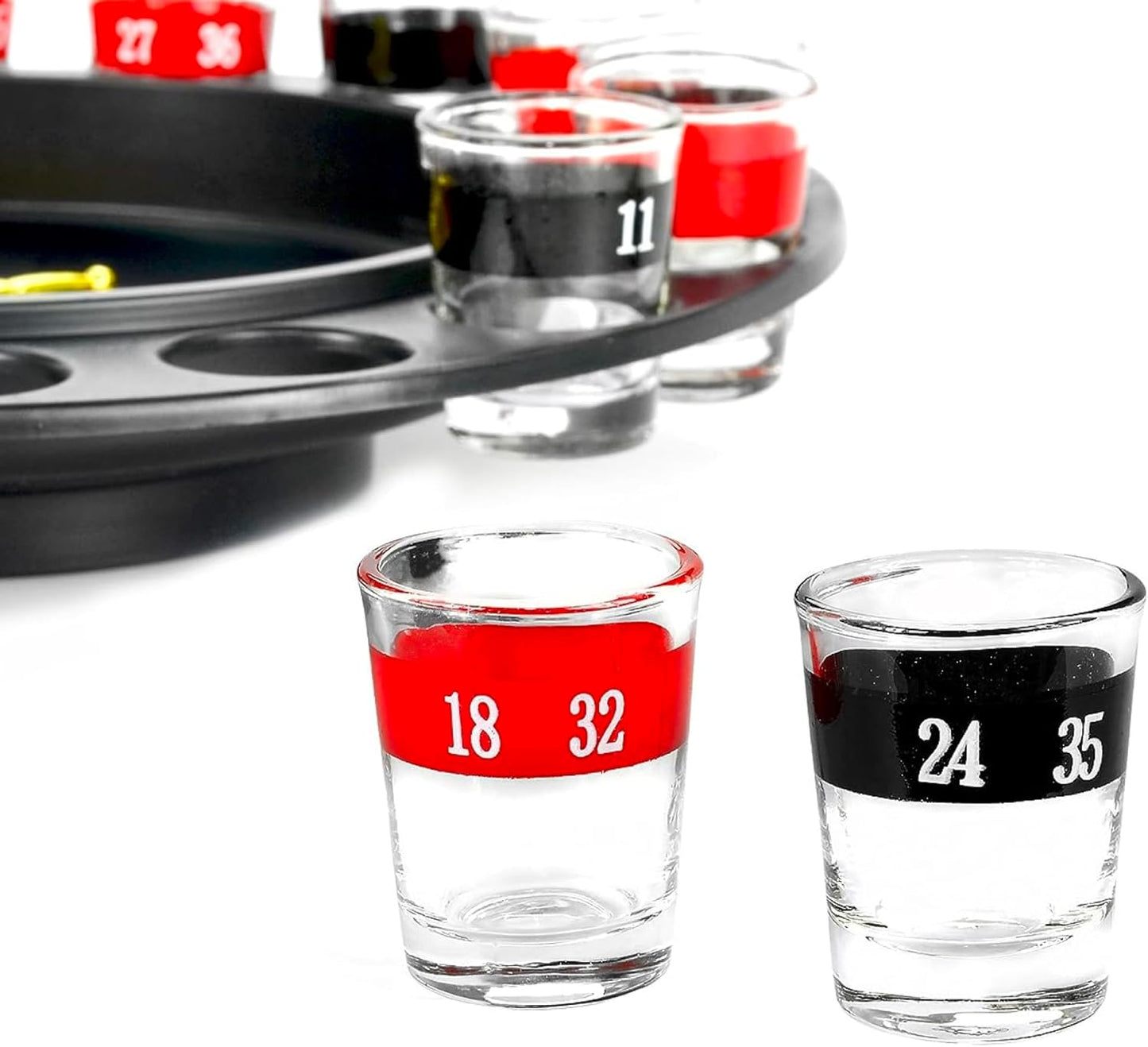 Shot Glass Roulette Drinking Game – 16-Piece Red/Black Set with 2 Metal Balls, Fun Adult Party Game for White Elephant, Game Nights, and Gifts