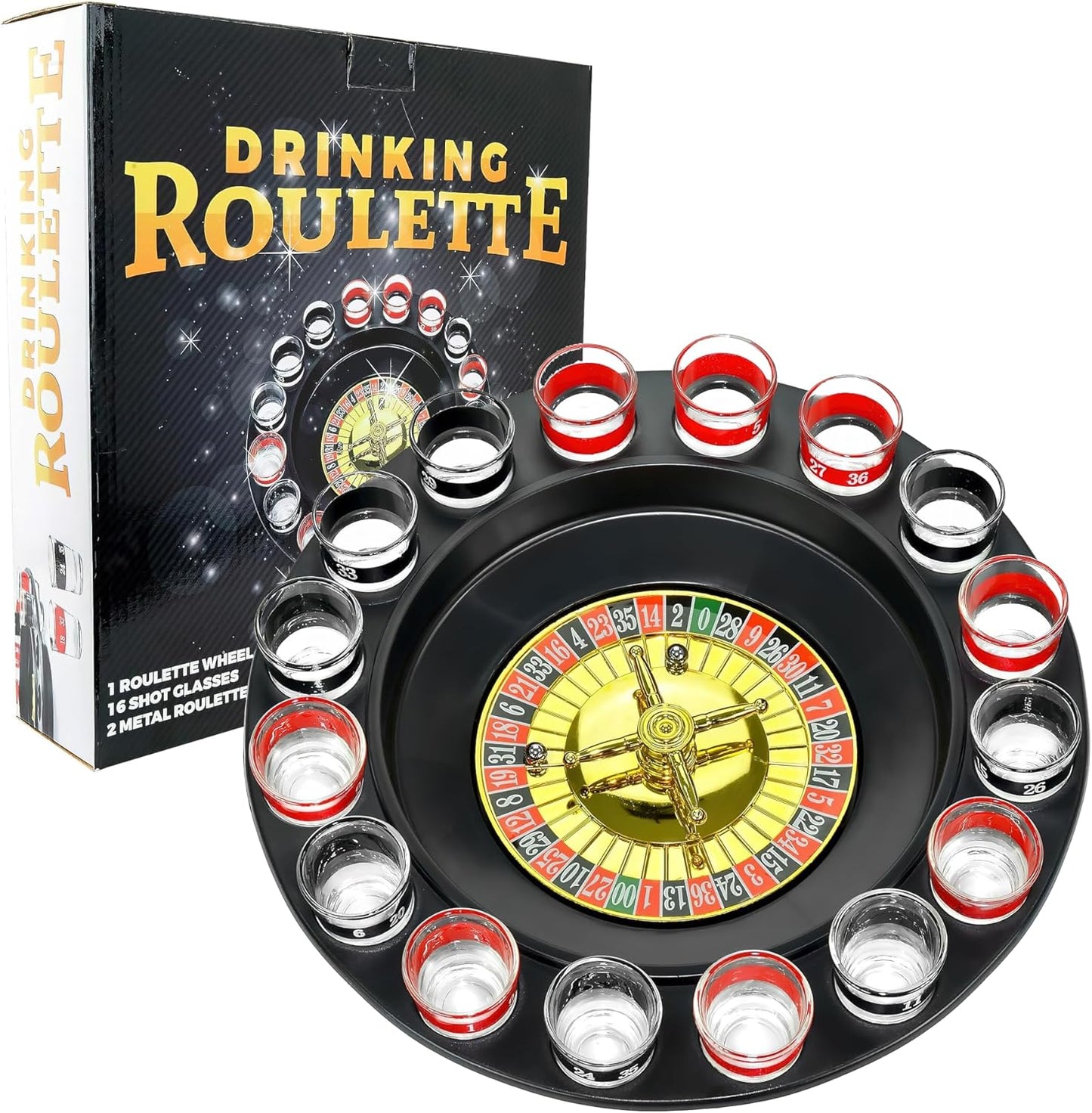 Shot Glass Roulette Drinking Game – 16-Piece Red/Black Set with 2 Metal Balls, Fun Adult Party Game for White Elephant, Game Nights, and Gifts