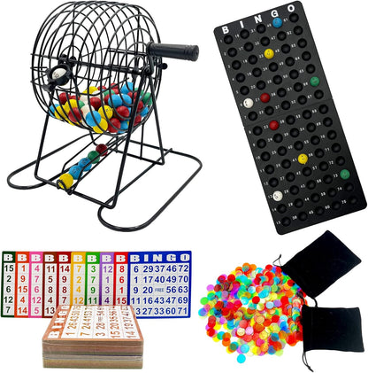Deluxe Bingo Game Set-Includes Bingo Cage,600 Colorful Bingo Chips with a Bag,100 Mixed Bingo Cards,75 Calling Balls with a Bag,Plastic Master Board-Ideal for Large Groups, Parties