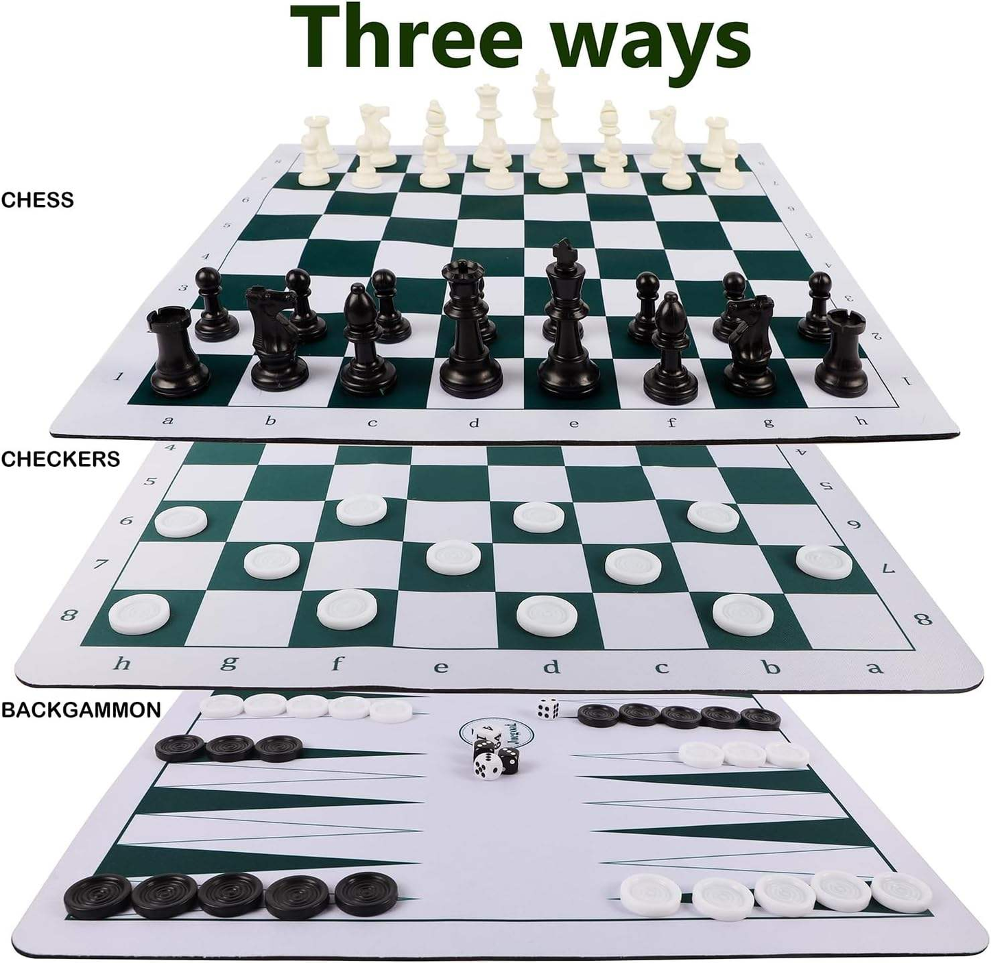 20" Portable Chess Checkers Backgammon Board Game Sets, 3-in-1 for Travel Board Games for Kids Adults, Folding Roll up Chess